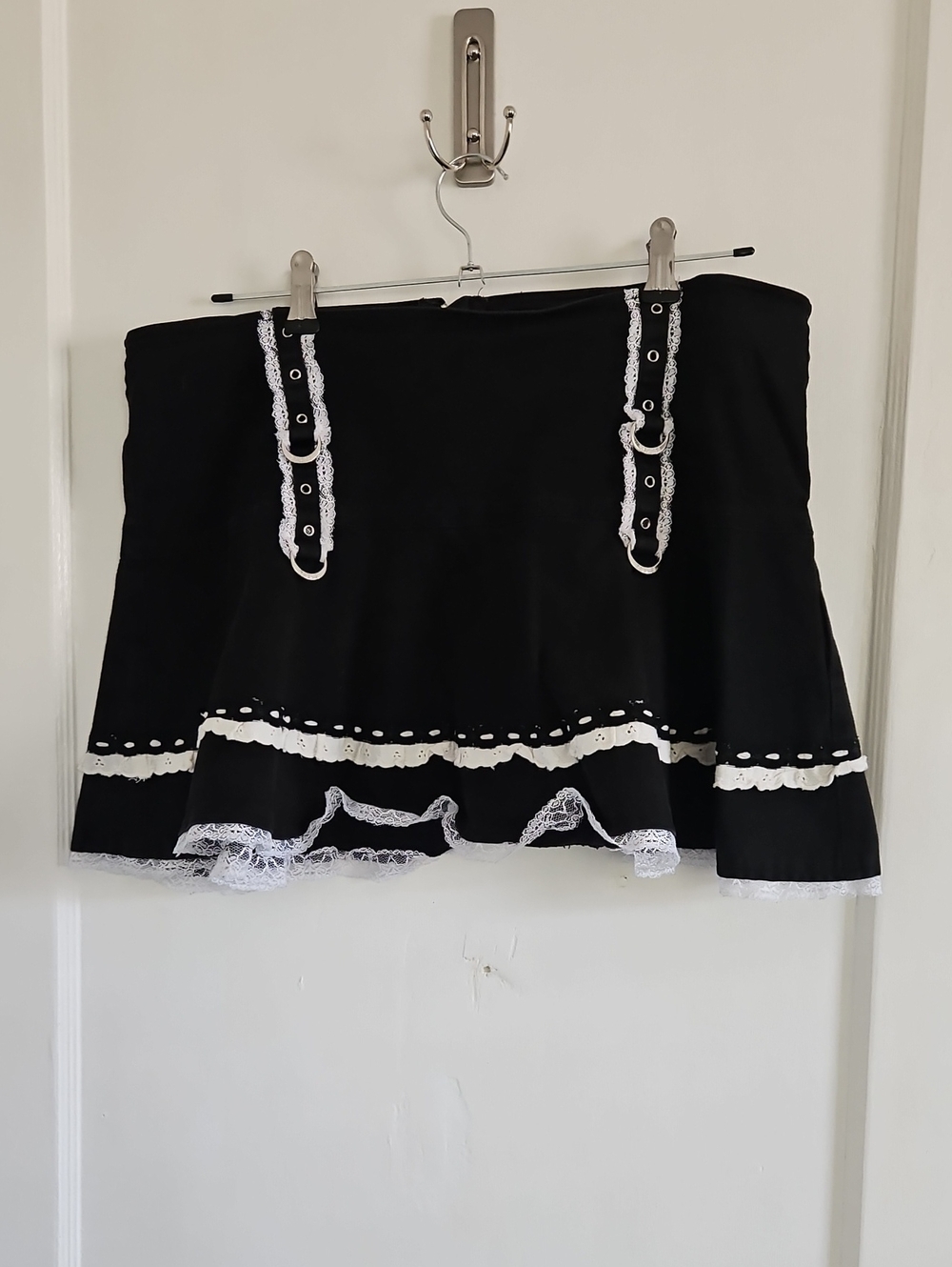 Tripp NYC Black Lace-Trim Mini Skirt with Decorative Straps